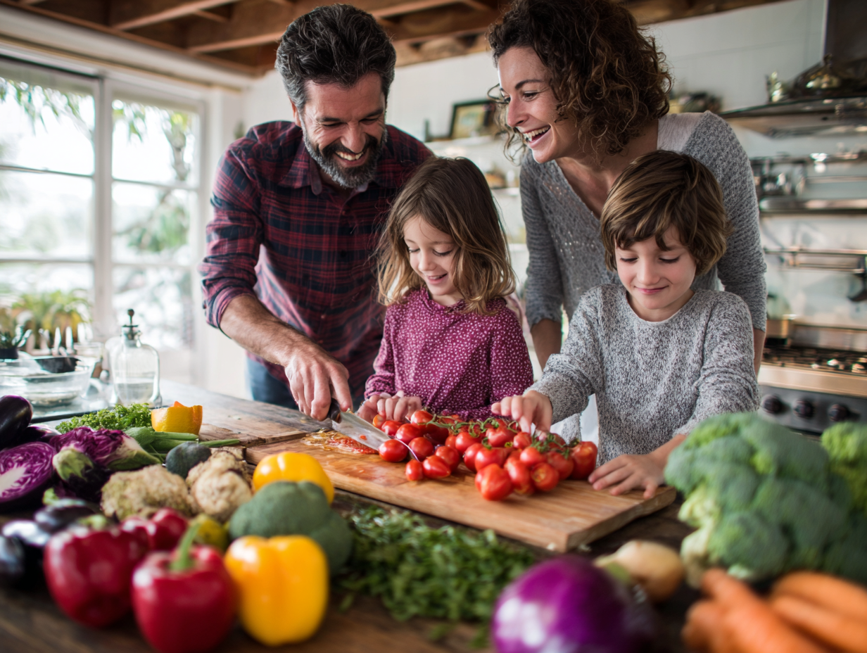 Сімейне приготування здорової їжі з різнокольоровими овочами та фруктами